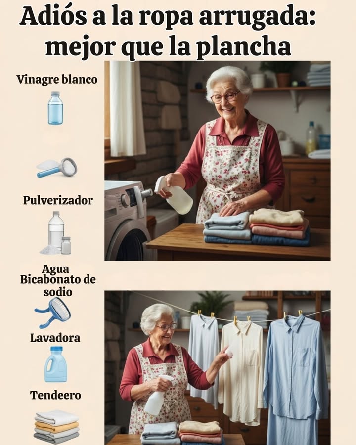 Adiós a la ropa arrugada: mejor que la plancha
Usa vinagre blanco en la lavadora
Añade 1 cucharada de vinagre blanco en el compartimento del suavizante.
Lava la ropa con el programa habitual.
Al sacarla, notarás que está más suave y con menos arrugas.
Spray casero antiarrugas
Mezcla en un pulverizador 2 partes de agua y 2 partes de vinagre blanco.
Rocía la solución sobre prendas, manteles o sábanas arrugadas.
Deja secar al aire libre y obtendrás un resultado como recién planchado.
Alternativa con bicarbonato de sodio
Sustituye el vinagre por 1 cucharada de bicarbonato en la cubeta del suavizante.
Lava normalmente y la ropa saldrá sin arrugas.
Consejos de secado
Tiende la ropa al aire libre siempre que sea posible.
Si usas tendedero, colócalo cerca de una fuente de aire fresco o calor.
Evita poner las prendas muy juntas: deja espacio para que circule el aire.
Tiende por la mañana o al inicio de la tarde, nunca de noche por la humedad