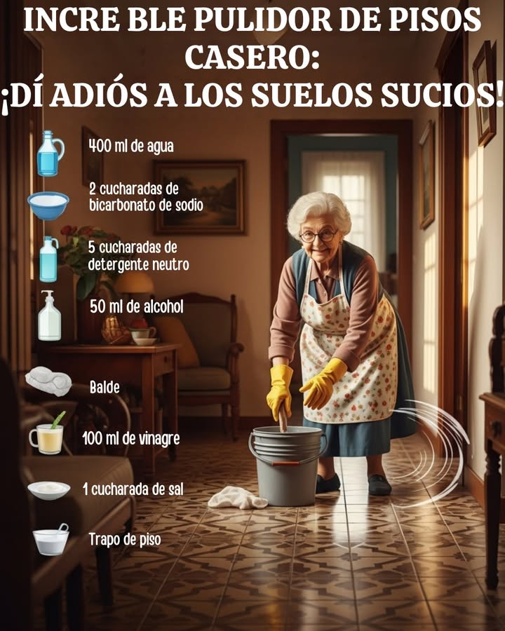 Incredible Homemade Floor Polish: Say goodbye to dirty floors! -Mezcla 400 ml de agua, 5 cucharadas de detergente neutro, 100 ml de vinagre, 50 ml de alcohol, 2 cucharadas de bicarbonato de sodio y 1 cucharada de sal en un balde. -Revuelve bien hasta que la mezcla quede homogénea. -Humedece un trapo de piso en la mezcla y pásalo sobre el suelo haciendo movimientos circulares. -Para manchas difíciles, deja actuar la mezcla unos minutos antes de fregar. -Para pisos de madera, usa un paño suave; para cerámica, un paño más áspero ayuda a quitar manchas. -Si quieres brillo extra, aplica un lustra muebles cremoso después de limpiar.