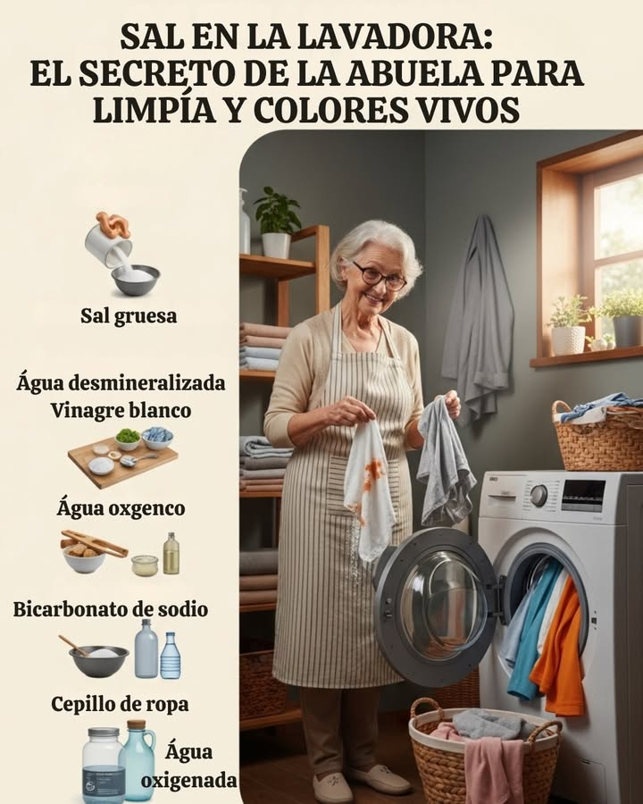 Sal en la lavadora, alguna vez lo has probado? Desde hoy empezarás a hacerlo: lo que les pasa a los líderes es milagroso -Echa 1 kilo de sal gruesa directamente en el tambor vacío y programa un lavado a alta temperatura para eliminar cal y malos olores de la lavadora. -Alternativa: mezcla 2 cucharadas de sal gruesa, 1 cucharada de bicarbonato y 1 vaso de agua desmineralizada, viértelo en el tambor y lava en caliente. -Para suavizar la ropa y avivar colores, añade 1 cucharada de sal gruesa en cada lavado. -Para manchas de vino: espolvorea sal sobre la mancha, deja que absorba, aclara con agua con gas, frota y lava normal. -Para manchas de sudor: remoja la prenda en agua con vinagre, prepara una pasta con 2 cucharadas de sal, 2 de bicarbonato y agua oxigenada. Aplica, deja actuar y frota con cepillo.