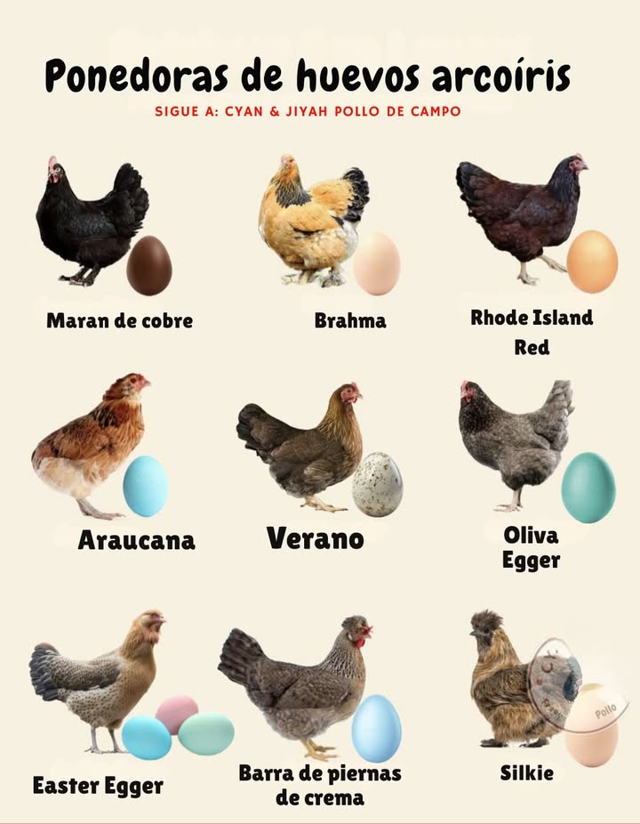 Gallinas que ponen huevos de colores 
Cada raza de gallina tiene su propio encanto y su color de huevo característico! 

Copper Maran: pone huevos de un marrón intenso y brillante.

Brahma: destaca por su tamaño y pone huevos beige claros.

Rhode Island Red: produce huevos marrón anaranjado, clásicos y abundantes.

Araucana: famosa por sus huevos azul celeste.

Welsummer: sus huevos son marrones moteados.

Olive Egger: combina genes que dan lugar a huevos color verde oliva.

Easter Egger: sorprende con una variedad de tonos azules, rosados y verdosos.

Cream Legbar: pone huevos azul pálido, casi perlados.

Silkie: produce pequeños huevos color crema.

Un gallinero con estas razas se convierte en un verdadero arcoíris natural, lleno de vida, diversidad y belleza. 讀
#GallinasDeColores #HuevosArcoíris #VidaDeCampo