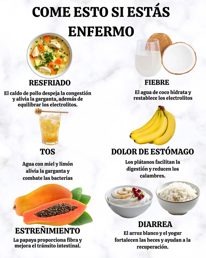 Qué comer cuando estás enfermo La alimentación puede ayudar al cuerpo a recuperarse más rápido y aliviar los síntomas de forma natural.Cada malestar requiere nutrientes específicos que apoyan el proceso de sanación. -Resfriado o fiebre: el caldo de pollo despeja la congestión, suaviza la garganta y repone electrolitos. -Estreñimiento: la papaya aporta fibra soluble que mejora el tránsito intestinal. -Dolor de estómago: los plátanos facilitan la digestión y reducen los calambres. -Diarrea: el arroz blanco y el yogur ayudan a fortalecer las heces y regenerar la flora intestinal. -Tos o garganta irritada: el agua con miel y limón calma la irritación y actúa contra las bacterias. -Deshidratación o pérdida de minerales: el agua de coco hidrata y restablece los electrolitos de forma natural.