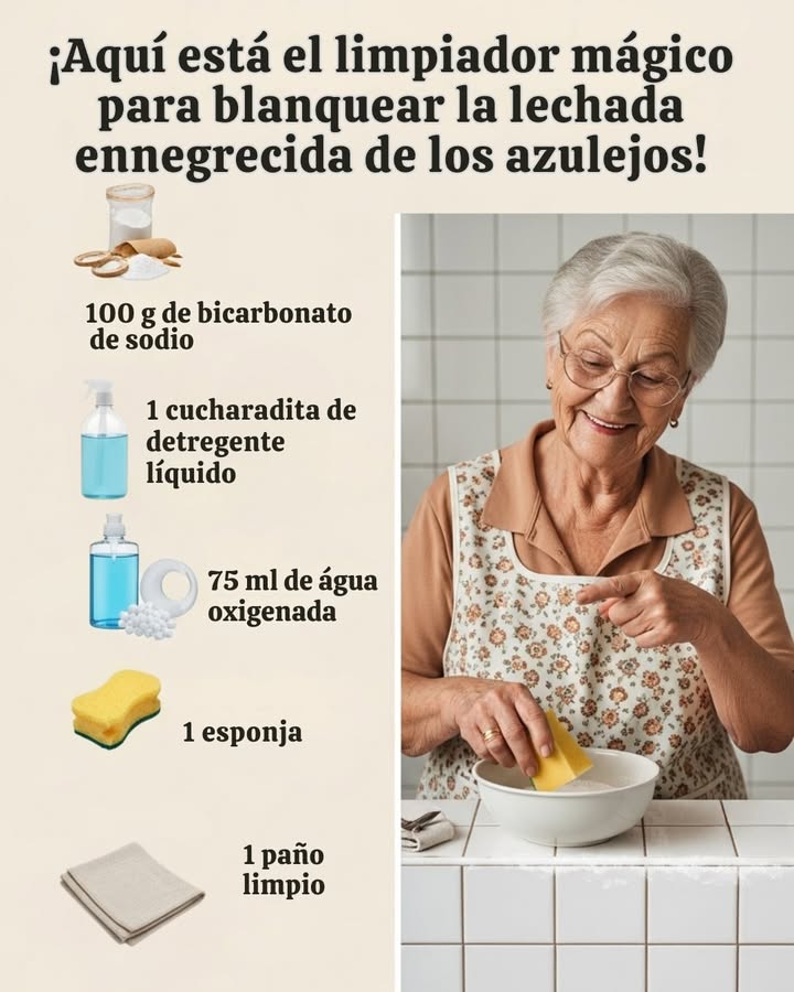 Aquí está el limpiador mágico para blanquear la lechada ennegrecida de los azulejos! -Mezcla 100 g de bicarbonato de sodio, 75 ml de agua oxigenada y 1 cucharadita de detergente líquido en un recipiente. -Impregna una esponja con la mezcla. -Frota suavemente los juntas del azulejo con la esponja. -Aclara con agua limpia. -Seca con un paño limpio. -Resultado: juntas blancas y sin manchas, sin productos agresivos ni químicos.