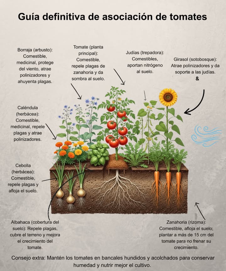Un cultivo asociado de tomates bien planificado no solo ahorra espacio: crea un ecosistema autosuficiente en tu huerto.

 Control de plagas integrado  Caléndula, cebolla, albahaca y borraja repelen nematodos, gusanos y pulgones.
 Mejora del suelo  Las habas fijan nitrógeno, las zanahorias aflojan la tierra y las cebollas airean las raíces.
 Atracción de polinizadores  Girasoles, borraja y caléndulas atraen abejas y mariposas, favoreciendo una mejor fructificación.
 Mayor resistencia  La combinación de plantas reduce daños por viento, da sombra al suelo y conserva la humedad.
 Cosechas más abundantes  La sinergia fortalece los tomates y mejora el sabor de toda la producción.

 Piénsalo como un mini ecosistema: tomates en el centro, rodeados de aliados que protegen, nutren y apoyan

#CultivoAsociado #Tomates  #EcosistemaSostenible