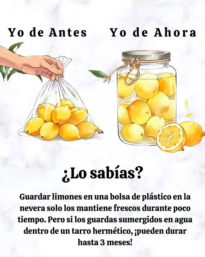 Guardar limones en una bolsa de plástico en la nevera solo los mantiene frescos durante poco tiempo. Pero si los guardas sumergidos en agua dentro de un tarro hermético, pueden durar hasta 3 meses!