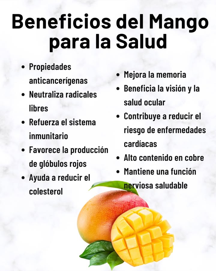 Beneficios del mango para la salud

省 Propiedades anticancerígenas
Ayuda a neutralizar los radicales libres.

 Refuerza el sistema inmunitario
Protege al organismo frente a enfermedades.

喝 Favorece la producción de glóbulos rojos
Gracias a su aporte de hierro y vitaminas.

 Contribuye a reducir el colesterol
Apoya la salud cardiovascular.

易 Mejora la memoria
Beneficia la concentración y el rendimiento cognitivo.

 Protege la visión y la salud ocular
Por su contenido en vitamina A y antioxidantes.

 Reduce el riesgo de enfermedades cardíacas
Gracias a sus nutrientes esenciales.

 Alto contenido en cobre
Mantiene una función nerviosa saludable y energía estable.
