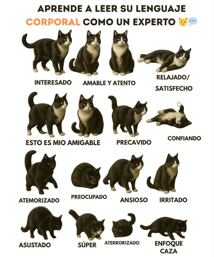 Qué te quiere decir tu gato Aprende a leer su lenguaje corporal como un experto 

Tu michi no habla con palabras, pero su cuerpo lo dice TODO! Presta atención a su cola, orejas, ojos y postura… ahí está la clave. 

 Cola en alto, orejas al frente, cuerpo suelto
Está feliz, tranquilo y confiado contigo. Es buena señal

 Pelo erizado, espalda arqueada, ojos bien abiertos
Alerta: está asustado, nervioso o se siente amenazado. Dale espacio y calma.

 Se queda junto a un objeto vigilándolo
Está diciendo: Esto es mío! 
Cuerpo pegado al suelo y mirada fija Está en modo cazador, listo para atacar.

 Se acuesta panza arriba
Confía mucho en ti. Pero ojo eso no siempre significa que quiere mimos ahí. Observa bien su actitud!

Cada movimiento, por pequeño que sea, dice cómo se siente tu gato:
Cola = estado de ánimo
Orejas = atención o irritación
Postura = confianza o miedo

 Entender a tu gato es el primer paso para una relación más fuerte, respetuosa y llena de maullidos felices. 

#LenguajeFelino #AmorDeGato #EntiendeATuMichi