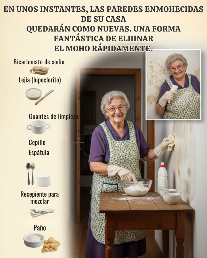 En unos instantes, las paredes enmohecidas de su casa quedarán como nuevas. Una forma fantástica de eliminar el moho rápidamente
Preparar la mezcla limpiadora
-1 parte de bicarbonato de sodio
-10 partes de lejía hipoclorito
Instrucciones:
-Limpiar la pared afectada con un paño húmedo para quitar polvo y suciedad superficial.
-Aplicar la mezcla de lejía y bicarbonato con un paño o espátula sobre la zona con moho.
-Dejar actuar 10-15 minutos.
-Frotar con un cepillo para eliminar el moho y la suciedad.
-Enjuagar con agua limpia usando un paño para retirar todo el residuo.
-Repetir el proceso si es necesario hasta que la pared quede limpia.
Consejo:
-Mantener la habitación ventilada y con temperatura superior a 20 C para prevenir la reaparición del moho.
