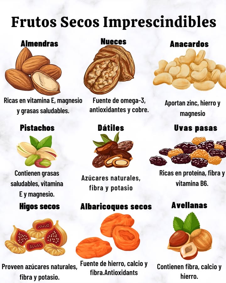 樂 Frutos Secos Imprescindibles
 Almendras
Ricas en vitamina E, magnesio y grasas saludables.

樂 Anacardos
Fuente de omega-3, antioxidantes, cobre, zinc, hierro y magnesio.

 Uvas pasas
Aportan azúcares naturales, fibra, hierro y antioxidantes.

 Higos secos
Ricos en azúcares naturales, fibra, potasio y vitamina B6.

 Avellanas
Contienen grasas saludables, fibra, hierro, calcio y antioxidantes.

 Nueces
Fuente de omega-3, fibra, calcio y hierro.

 Pistachos
Ricos en proteína, fibra, vitaminas del grupo B y antioxidantes.

 Dátiles
Aportan azúcares naturales, fibra, potasio y minerales esenciales.

 Albaricoques secos
Fuente de fibra, hierro, potasio y vitamina A.