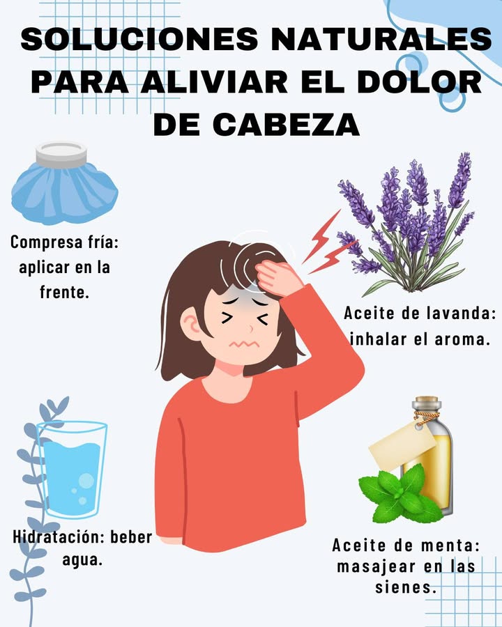 Soluciones naturales para aliviar el dolor de cabeza 
Compresa fría: aplicar en la frente para reducir la tensión.
Hidratación: beber agua ayuda a prevenir y aliviar los dolores de cabeza por deshidratación.
Aceite de lavanda: inhalar su aroma para inducir relajación y disminuir el dolor.
Aceite de menta: masajear suavemente en las sienes para calmar la tensión.