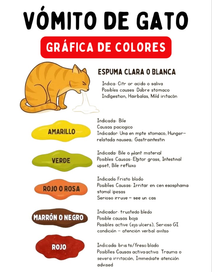 Vómito en gatos: lo que revela el color 

Conocer el color del vómito de tu gato puede ayudarte a detectar problemas de salud:

 Espuma clara o blanca  Estómago vacío, indigestión, bolas de pelo.
 Amarillo  Bilis, malestar gastrointestinal o náuseas por hambre.
 Verde  Hierba o reflujo biliar.
 Rojo o rosa  Sangre fresca, posible úlcera o irritación urgente vet!.
 Marrón o negro  Sangre digerida, puede ser sangrado interno visita urgente.
 Rojo brillante  Sangrado activo, trauma o irritación grave emergencia.

 Siempre que observes sangre o vómitos frecuentes, acude al veterinario de inmediato.

#Gatos #SaludFelina #CuidadoDeMascotas