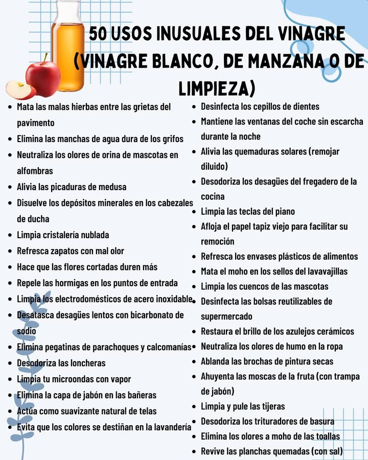 50 Usos Inusuales del Vinagre
 Vinagre Blanco, de Manzana o de Limpieza