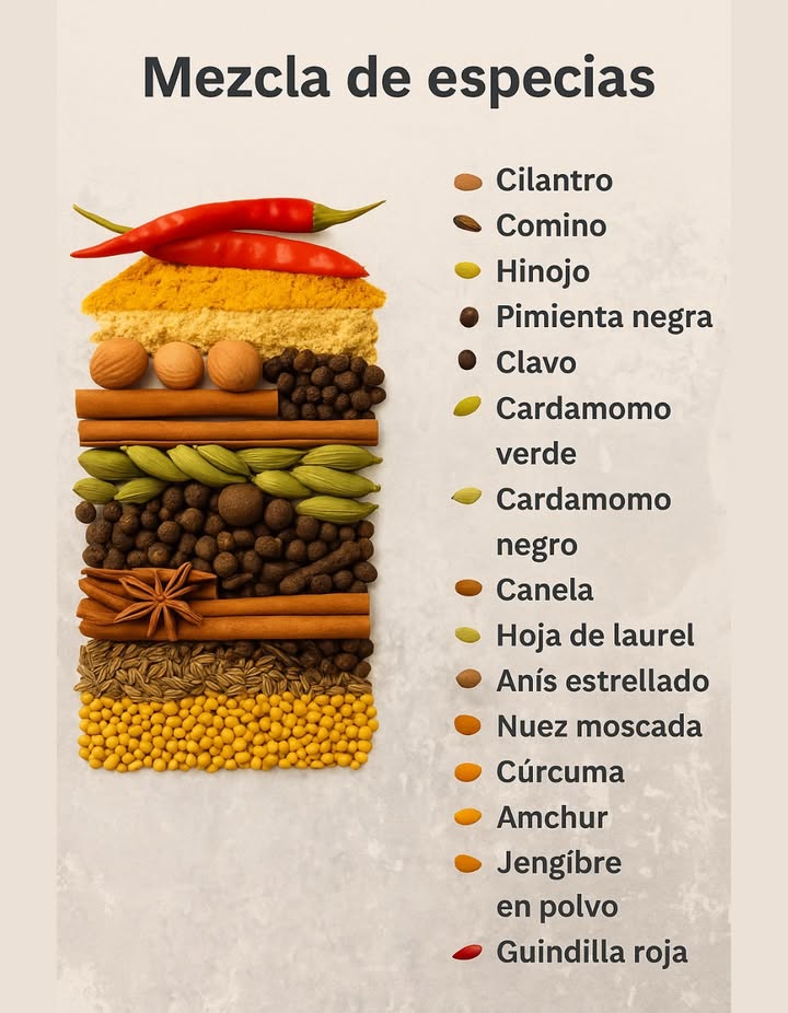 Mezcla de especias: el alma del sabor 
Cada especia aporta su propio carácter, aroma y color a la cocina. La combinación adecuada puede transformar un plato simple en una experiencia sensorial única.
 Principales ingredientes de una mezcla aromática:
 Cilantro y comino: base cálida y terrosa.
 Hinojo y cardamomo: notas frescas y dulces.
 Pimienta negra y clavo: toques intensos y picantes.
 Canela y anís estrellado: equilibrio entre dulzura y profundidad.
 Cúrcuma y guindilla roja: color, energía y vitalidad natural.
 Jengibre en polvo y nuez moscada: calidez y armonía en cada bocado.
 Estas mezclas no solo enriquecen la comida, también estimulan los sentidos y evocan culturas, aromas y tradiciones ancestrales.
#MezclaDeEspecias #Sabor  #NuezMoscada
