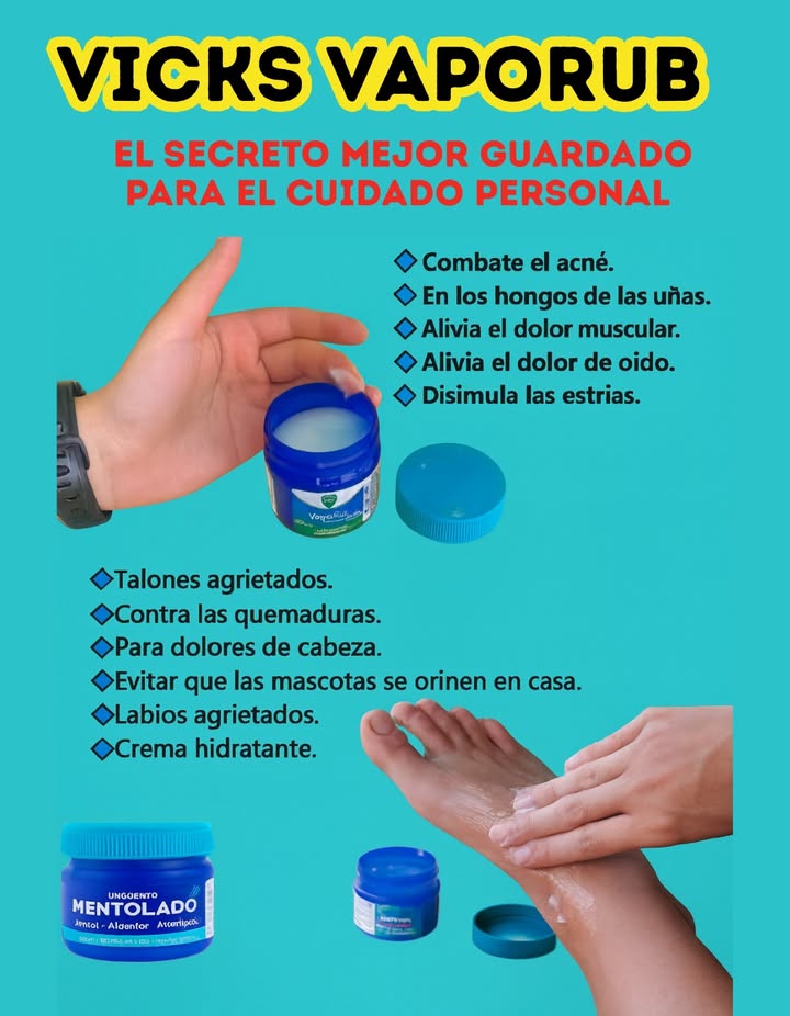 Vicks VapoRub: Un clásico con múltiples usos 

Este ungüento mentolado no solo es conocido por aliviar la congestión nasal, también se ha convertido en un aliado versátil en el cuidado personal y del hogar:

 Cuidado de la piel y uñas  Ayuda a combatir el acné, suavizar talones agrietados, aliviar labios resecos y reducir la apariencia de estrías.
 Bienestar corporal  Alivia dolores musculares, dolores de cabeza y molestias en los oídos.
 Protección extra  Puede aplicarse para calmar quemaduras leves y para ayudar en casos de hongos en las uñas.
 En el hogar  Funciona como repelente para evitar que las mascotas orinen en ciertas zonas.

Su fórmula mentolada con alcanfor y eucalipto aporta frescor, alivio y cuidado en cada aplicación.