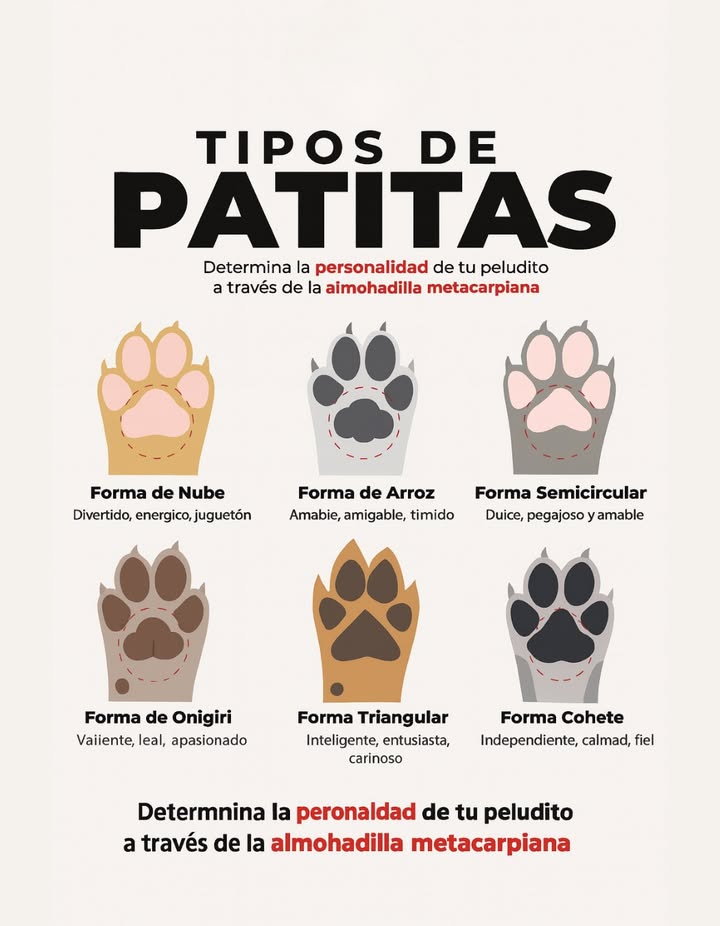 Tipos de Patitas y lo que Revelan de tu Peludito
Cada almohadilla metacarpiana tiene una forma única y detrás de ella, un rasgo especial de personalidad.

 Forma de Nube  Divertido, enérgico, juguetón
 Forma de Arroz  Amable, amigable, tímido
 Forma Semicircular  Dulce, pegajoso y muy cariñoso
 Forma de Onigiri  Valiente, leal y apasionado
 Forma Triangular  Inteligente, entusiasta y amoroso
 Forma Cohete  Independiente, calmado y fiel

Un detalle adorable que hace a cada compañero único. 

#TiposDePatitas #Peluditos  #AdorablesPeluditos