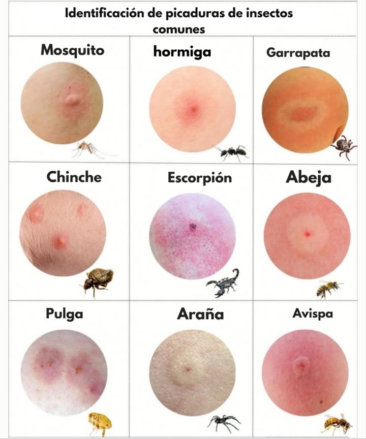 Identifica picaduras comunes de insectos con esta guía visual! 烈
Alguna vez te has despertado con una ronchita y te preguntas qué bicho fue el culpable  Esta imagen te puede ayudar a identificar el tipo de picadura según su aspecto y el insecto responsable. 
烈 Mosquito: Roncha redonda y elevada, suele picar más en la noche.
 Hormiga: Enrojecida y con centro irritado, a veces con ardor.
 Garrapata: Mancha con anillo rojo alrededor, atención médica inmediata!
 Chinche de cama: Varias picaduras pequeñas, a menudo en línea.
廬 Alacrán: Zona muy inflamada y rojiza, dolor intenso.
 Abeja: Punción central con hinchazón, puede dejar el aguijón.
 Pulga: Picaduras agrupadas, causan mucha picazón.
 Araña: Dos puntos centrales con enrojecimiento alrededor.
 Avispa: Inflamación notable, ardor y enrojecimiento fuerte.

#PicadurasDeInsectos #SaludNatural #Chinches #Mosquitos
