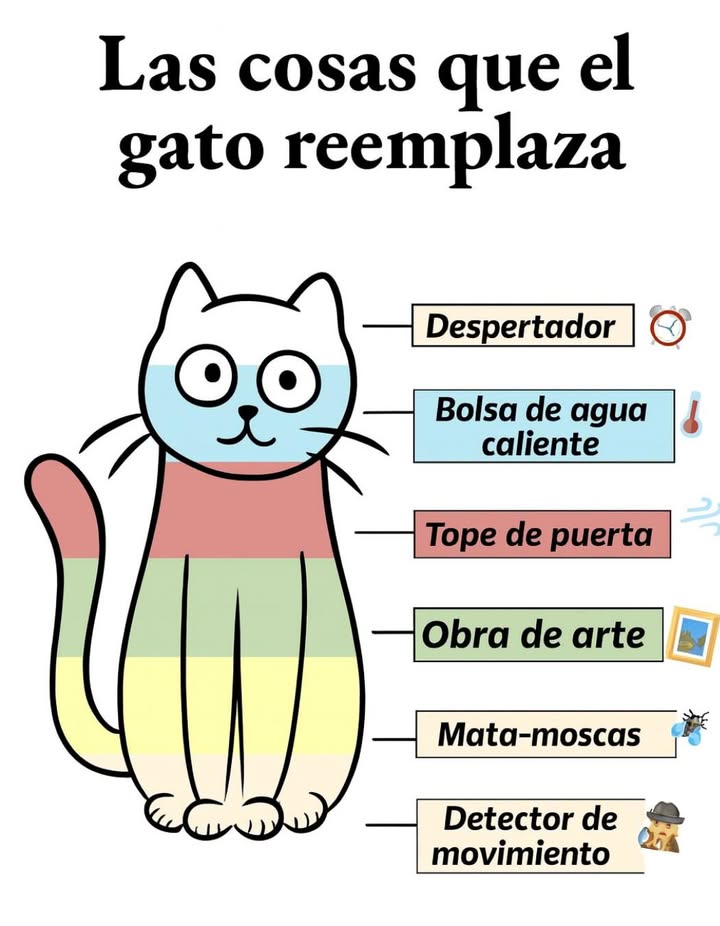 Los gatos son verdaderos multitareas del hogar.
Sin proponérselo, reemplazan varios objetos cotidianos:

 Despertador: siempre listos para recordarte la hora del desayuno.
 Bolsa de agua caliente: su calor natural reconforta cualquier rincón.
 Tope de puerta: se acomodan justo donde más estorban y más encantan.
 Obra de arte: cada postura es una escena digna de admirar.
練 Mata-moscas: atentos al más mínimo movimiento.
 Detector de movimiento: nada pasa desapercibido ante sus ojos.

Cada gato transforma lo ordinario en algo especial, llenando la casa de vida, calidez y compañía.