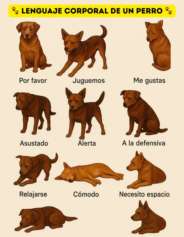 Lenguaje corporal de un perro 

Los perros comunican sus emociones y necesidades principalmente a través de su postura y gestos. Observar su cuerpo nos ayuda a comprenderlos mejor:

 Por favor  postura sentada, mirada suave.
 Juguemos  cuerpo inclinado hacia adelante, cola en movimiento.
 Me gustas  postura tranquila, orejas hacia atrás en señal de confianza.
 Asustado  cuerpo encogido, orejas caídas, mirada baja.
 Alerta  postura firme, orejas erguidas y atención total.
 A la defensiva  cuerpo rígido, mirada fija, disposición a protegerse.
 Relajarse  bajando el pecho al suelo con calma.
 Cómodo  tumbado de lado, completamente relajado.
 Necesito espacio  echado con mirada distante, orejas hacia atrás.

 Comprender estas señales fortalece el vínculo con tu perro y mejora la convivencia diaria.