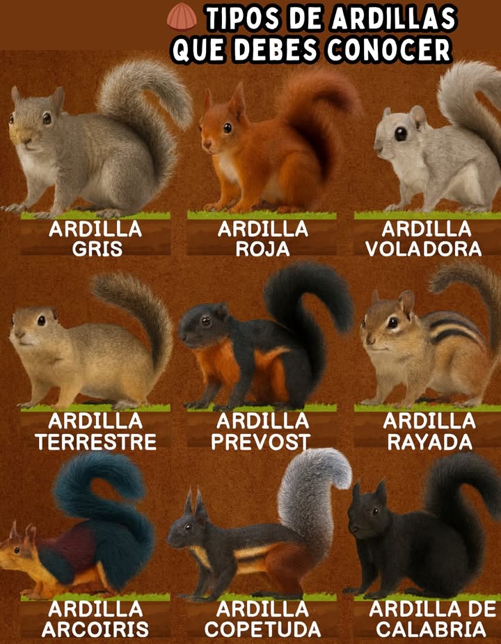 Tipos de ardillas que debes conocer

Las ardillas son pequeños mamíferos ágiles y curiosos que habitan bosques, parques y jardines de todo el mundo. Su diversidad es sorprendente: desde la ardilla gris, común en América del Norte, hasta la colorida ardilla arcoíris del sur de Asia.

Cada especie tiene características únicas:
 La ardilla roja, símbolo de los bosques europeos, destaca por su pelaje intenso y orejas puntiagudas.
 La ardilla voladora planea entre los árboles gracias a una membrana que une sus patas.
 La ardilla terrestre vive en madrigueras y almacena semillas bajo tierra.
 La ardilla rayada y la ardilla de Calabria muestran patrones y colores distintivos que las hacen inconfundibles.

Más que simples recolectoras de nueces, las ardillas son guardianas del bosque, ayudando a la dispersión de semillas y contribuyendo al equilibrio de los ecosistemas.