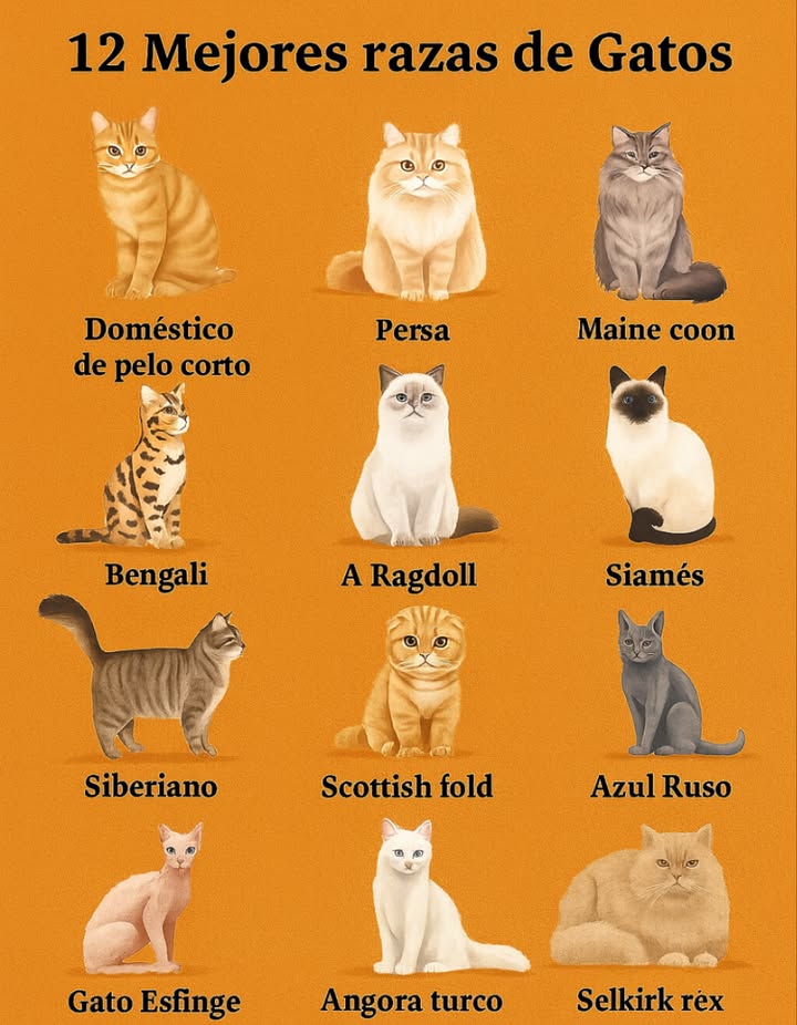 Conoces estas 12 razas de gatos Cada una tiene su personalidad, encanto y belleza única. Desde el majestuoso Maine Coon hasta el elegante Azul Ruso, hay un compañero ideal para todos los gustos #AmorGatuno #RazasDeGatos #Gatitos