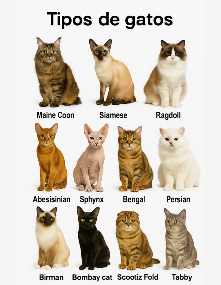 Tipos de gatos más populares del mundo Cada raza de gato tiene su propio encanto, carácter y aspecto único. Desde los majestuosos de pelaje largo hasta los más exóticos y elegantes, todos comparten una belleza especial. Maine Coon Grande, fuerte y de pelaje espeso; un compañero leal y cariñoso. Siamés Elegante y vocal, con ojos azules intensos y carácter afectuoso. Ragdoll De mirada dulce y cuerpo suave; adora la tranquilidad y los mimos. Abisinio Activo y curioso, con un pelaje dorado que brilla a la luz. Sphynx Sin pelo y lleno de ternura; su piel cálida lo hace único. Bengal Exótico y atlético, con un pelaje que recuerda al de un leopardo. Persa Sereno y majestuoso, de abundante melena y naturaleza calmada. Birmano De ojos azules y carácter equilibrado, símbolo de dulzura. Bombay Negro brillante y misterioso, como una pequeña pantera doméstica. Scottish Fold Tierno y tranquilo, reconocido por sus orejas dobladas. Tabby El clásico gato atigrado, versátil y lleno de personalidad. Cada gato es un mundo: diferentes orígenes, personalidades y formas de mostrar cariño. Todos, sin excepción, llenan el hogar de paz, compañía y amor felino. #GatosPopulares #RazasDeGatos #CompañerosFieles