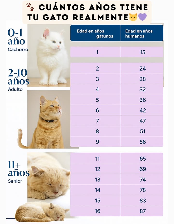 Los gatos pasan por tres etapas principales en su vida: Cachorro 01 año: Crecen y aprenden rápidamente, equivalentes a unos 15 años humanos. Adulto 210 años: Son independientes, curiosos y fuertes, con edades humanas entre 24 y 56 años. Senior 11 años: Más tranquilos y dormilones, pero aún llenos de ternura, comparables a 6587 años humanos. Conocer su edad en años humanos ayuda a entender mejor sus necesidades y cuidados en cada etapa.