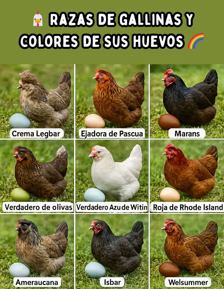 Razas de gallinas y colores de sus huevos Cada raza pone huevos de tonos únicos, reflejando su genética y origen. Desde los tonos chocolate hasta los azules celestes, la diversidad del corral es un espectáculo natural de colores y sabores. 讀 Crema Legbar huevos azul claro 讀 Ponedora de Pascua huevos verdes o azulados 讀 Marans huevos marrón oscuro 讀 Pon. Oliva huevos verde oliva 讀 Whiting Azul Puro huevos azul intenso 讀 Rhode Island Roja huevos marrón claro 讀 Ameraucana huevos azul pastel 讀 Isbar huevos azul verdoso 讀 Welsummer huevos marrón rojizo con motas Un corral diverso no solo alegra la vista, también enriquece la vida rural con variedad, belleza y sabor natural. #RazasDeGallinas #ColoresDeHuevos #Welsummer #SaborNatural 讀