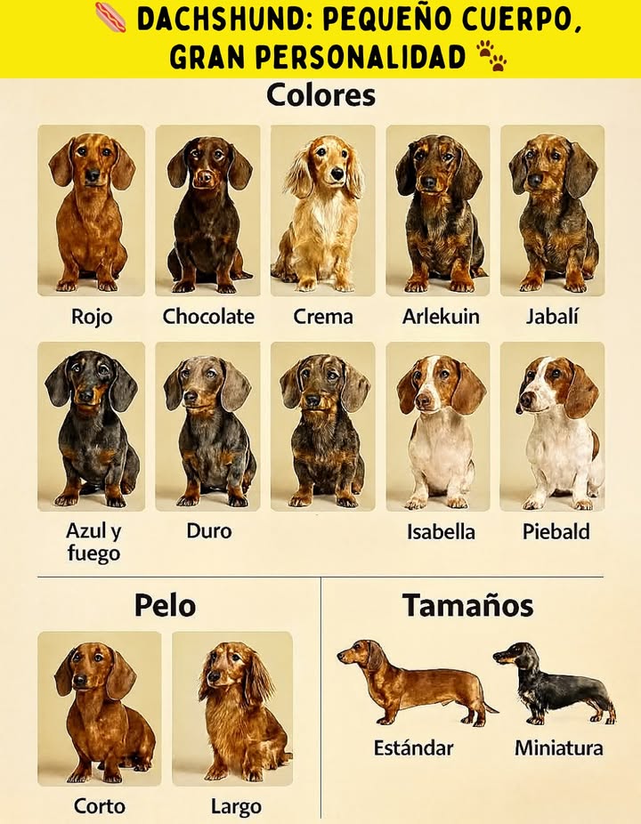 Dachshund: pequeño cuerpo, gran personalidad El Dachshund, conocido cariñosamente como perrito salchicha, es una raza que destaca por su increíble variedad. Más allá de su famoso cuerpo alargado, existen múltiples combinaciones de colores, tipos de pelo y tamaños que lo hacen único. Colores: desde el clásico rojo o chocolate hasta tonalidades exóticas como arlequín, azul y fuego, o crema. Tipos de pelo: corto y brillante o largo y sedoso, adaptándose a distintos climas y estilos. Tamaños: estándar y miniatura, cada uno con su encanto y personalidad. Cada Dachshund es una pequeña obra de arte de la naturaleza: valiente, curioso y lleno de carácter.