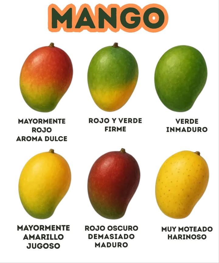 省 No todos los mangos son iguales Aprendé a elegir el más dulce, jugoso y delicioso con esta guía visual infalible Rojo intenso: aroma dulce, listo para disfrutar Verde: aún no está maduro Amarillo brillante: jugoso y en su punto ideal Rojo oscuro: pasado, textura blanda Muy moteado: harinoso, mejor evitarlo Rojo con verde: firme, ideal si vas a dejarlo madurar unos días #MangosPerfectos #FrutasDeTemporada #TipsDeCocina