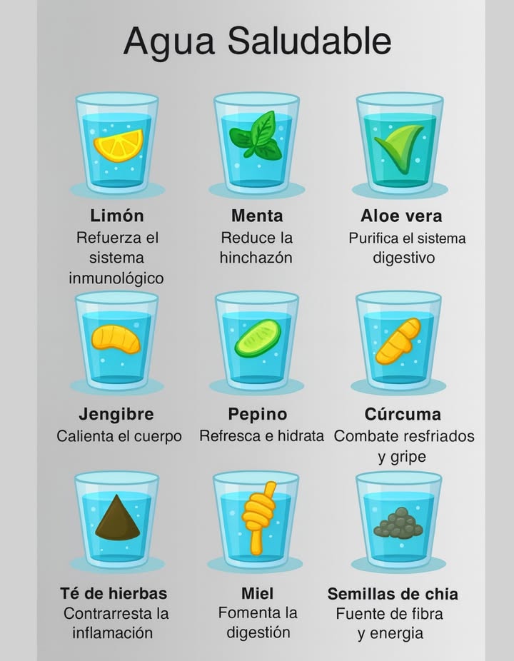 Agua Saludable para Cuidar tu Bienestar 

Cada vaso de agua puede convertirse en una fuente natural de salud al añadir ingredientes frescos y llenos de beneficios:

 Limón  Refuerza el sistema inmunológico
 Menta  Reduce la hinchazón
 Aloe vera  Purifica el sistema digestivo
 Jengibre  Calienta el cuerpo
勒 Pepino  Refresca e hidrata
 Cúrcuma  Combate resfriados y gripe
 Té de hierbas  Contrarresta la inflamación
 Miel  Fomenta la digestión
 Semillas de chía  Fuente de fibra y energía

 Una forma sencilla y natural de potenciar tu hidratación y cuidar tu cuerpo cada día.
#AguaSaludable #BienestarNatural  #VidaSaludable
