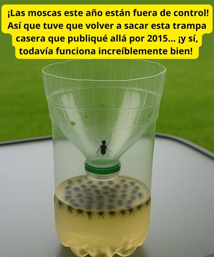 Las moscas este año están fuera de control  Así que tuve que volver a sacar esta trampa casera que publiqué allá por 2015 y sí, todavía funciona increíblemente bien! 練

Aquí va la receta, por si quieres hacerla tú también:

離 Ingredientes:

1/2 taza de azúcar

1/4 taza de vinagre

1/2 taza de agua caliente

1 cucharadita de sal

 Instrucciones:

Mezcla todos los ingredientes en una botella plástica.

Corta la parte superior de la botella como un embudo.

Gírala y colócala boca abajo dentro de la base sin tapa.

Y listo! Las moscas caen atraídas por el olor y no pueden salir.
Ideal para dejar en la cocina o en el jardín 

 Si estás cansado de las moscas… prueba esto y después me cuentas.
FUNCIONA DE VERDAD 

#TrucoCasero #AdiósMoscas #SolucionesNaturales