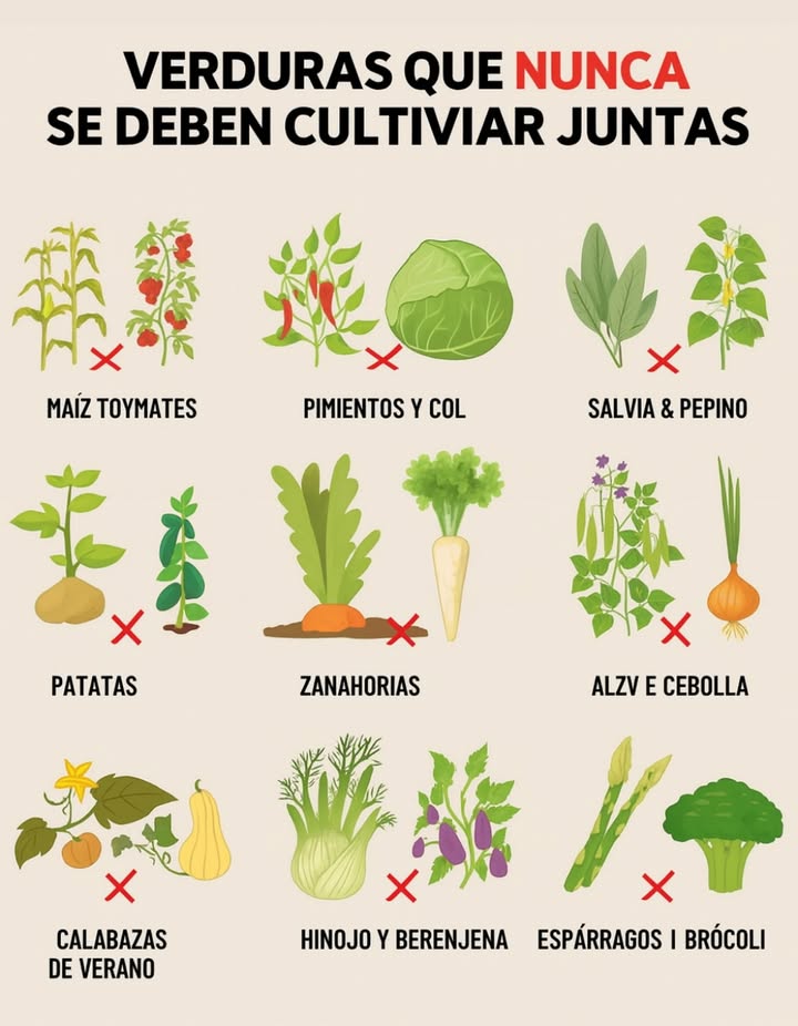 Verduras que nunca se deben cultivar juntas 

Algunas combinaciones de hortalizas pueden competir por nutrientes, atraer plagas o frenar su crecimiento. Evitar cultivarlas juntas mejora la salud de tu huerto y potencia la producción.

 Maíz y tomates  Atraen plagas comunes y agotan nutrientes similares.
 Pimientos y col  Pueden dificultar el desarrollo mutuo y aumentar el riesgo de enfermedades.
 Salvia y pepino  Sus compuestos aromáticos interfieren en el crecimiento del pepino.
 Patatas y judías  Favorecen la propagación de plagas del suelo y enfermedades.
 Zanahorias y nabos  Compiten por los mismos nutrientes y espacio radicular.
 Judías y cebolla  Se inhiben mutuamente en su desarrollo.
 Calabazas y calabacines de verano  Exceso de competencia y riesgo de enfermedades fúngicas.
 Hinojo y berenjena  El hinojo libera sustancias que limitan el crecimiento de otras plantas.
 Espárragos y brócoli  Exigen nutrientes similares y debilitan el suelo.

 Planificar la asociación de cultivos es clave para un huerto equilibrado y productivo.
#CultivoInteligente #HuertoSaludable  #ConsejosDeCultivo