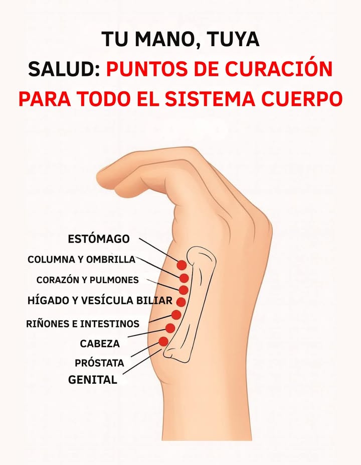 Tu mano, tu salud: puntos de equilibrio para todo el cuerpo

La medicina tradicional y la reflexología enseñan que cada zona de la mano está conectada con distintos órganos del cuerpo.
Estimular estos puntos con suaves masajes o presión diaria puede ayudar a mejorar el bienestar general y equilibrar la energía interna.

 Zonas reflejas principales:
 Estómago  mejora la digestión y reduce la acidez.
 Columna y hombros  alivia tensiones y dolores musculares.
 Corazón y pulmones  favorece la circulación y la respiración.
 Hígado y vesícula biliar  ayuda en la desintoxicación natural.
 Riñones e intestinos  apoya la eliminación de toxinas.
 Cabeza  calma el estrés y las migrañas.
 Próstata y genitales  estimula el equilibrio hormonal.

 Un gesto simple con grandes beneficios: cuidar tus manos es cuidar todo tu cuerpo.