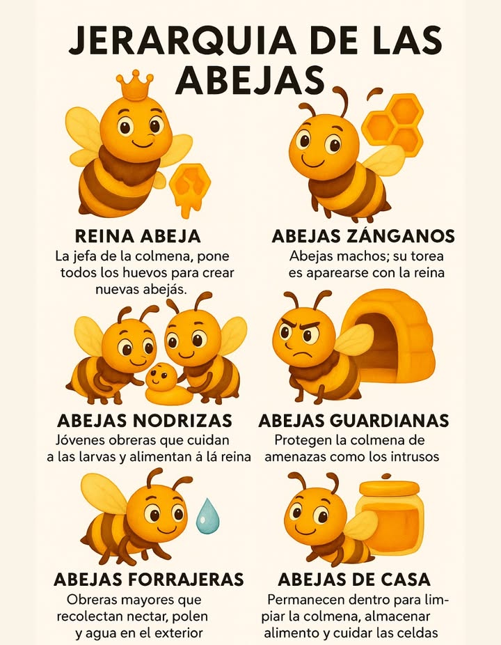 La increíble organización dentro de una colmena Cada abeja cumple un papel esencial para mantener el equilibrio y la supervivencia del enjambre. La reina asegura la continuidad de la colonia, mientras los zánganos aportan su función reproductiva. Las nodrizas cuidan con dedicación a las larvas y alimentan a la reina. Las guardianas vigilan la entrada de la colmena frente a cualquier amenaza. Las forrajeras recorren grandes distancias para recolectar néctar, polen y agua. Dentro del hogar, las abejas de casa limpian, ordenan y almacenan los alimentos. La colmena es un ejemplo perfecto de cooperación, disciplina y armonía natural. #Colmena #Abejas #Organización #VidaDeAbejas