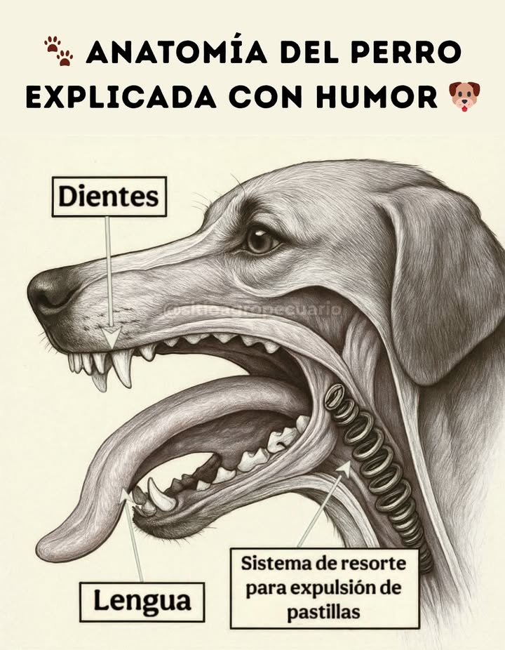 Anatomía del perro explicada con humor En la boca de nuestros amigos de cuatro patas encontramos mucho más que dientes afilados y una lengua siempre lista para dar cariño. También poseen, según esta divertida ilustración, un sistema de resorte para expulsión de pastillas: ese misterioso mecanismo que hace que cualquier intento de darles medicación acabe fuera del hocico. Una representación cómica pero muy realista del talento natural que tienen los perros para detectar y escupir cualquier pastilla, por muy bien que la escondas en su comida. 領