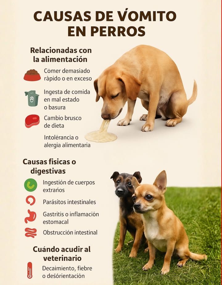 Causas del vómito en perros El vómito en los perros puede tener diversas causas y conocerlas es esencial para proteger su salud. Relacionadas con la alimentación: comer demasiado rápido o en exceso, ingerir comida en mal estado o basura, cambios bruscos de dieta o alergias alimentarias. 裂 Causas físicas o digestivas: ingestión de cuerpos extraños, parásitos intestinales, gastritis o inflamación estomacal, y obstrucción intestinal. Otras causas: mareo por movimiento, estrés, ansiedad, intoxicaciones o golpes de calor. Si el perro presenta decaimiento, fiebre, desorientación, vómitos continuos o presencia de sangre, es importante acudir al veterinario lo antes posible. Cuidar su alimentación y observar su comportamiento diario es clave para mantenerlo sano y feliz. #VomitoEnPerros #SaludCanina #CausasDelVomito #ParásitosIntestinales