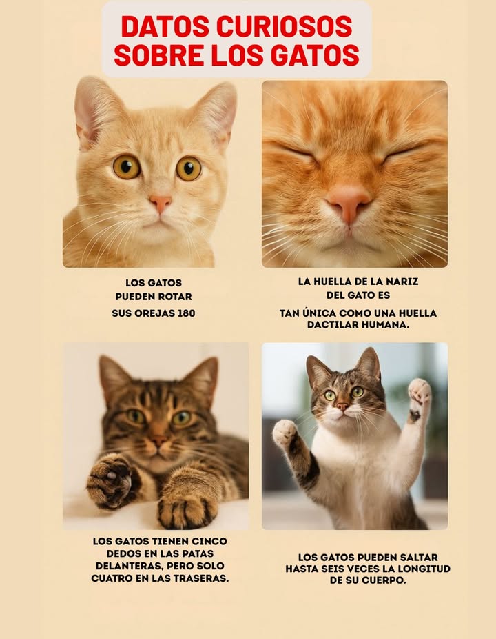 Los gatos son criaturas llenas de curiosidades fascinantes. Sus orejas pueden girar hasta 180 grados, permitiéndoles detectar sonidos con una precisión sorprendente. Su huella nasal es tan única como una huella dactilar humana, un rasgo exclusivo de cada individuo. En sus patas delanteras poseen cinco dedos, mientras que en las traseras solo tienen cuatro, una característica que influye en su equilibrio y agilidad. Además, su capacidad de salto es extraordinaria: pueden elevarse hasta seis veces la longitud de su propio cuerpo, demostrando una fuerza y elasticidad admirables. Un recordatorio perfecto de la elegancia y el misterio que acompañan a cada gato. #GatosCuriosos #DatosDeGatos #VidaDeGato