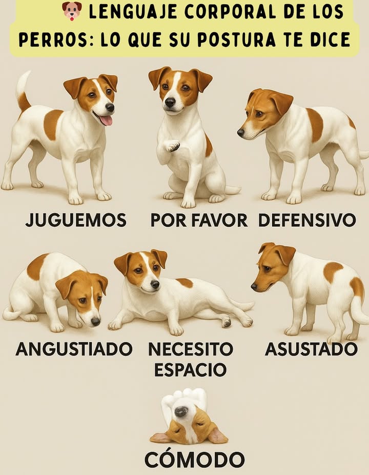 Lenguaje corporal de los perros: lo que su postura te dice Los perros se comunican principalmente con su cuerpo. Aprender a interpretar sus gestos y posiciones ayuda a fortalecer el vínculo y evitar malentendidos. Posturas comunes: Juguemos: cuerpo relajado y cola levantada, listo para divertirse. Por favor: una pata levantada, mirada tierna, buscando atención o recompensa. Defensivo: cuerpo tenso, mirada fija, preparado para protegerse. Angustiado: orejas hacia atrás y cuerpo bajo, muestra inseguridad. Necesito espacio: acostado de lado, quiere descanso o tranquilidad. Asustado: cabeza baja y cola entre las patas, muestra miedo. Cómodo: relajado y feliz, confía plenamente en su entorno. Conocer este lenguaje es clave para convivir con respeto, empatía y amor. #LenguajeCorporal #Perros #ComunicaciónCanina #PerroAmigo