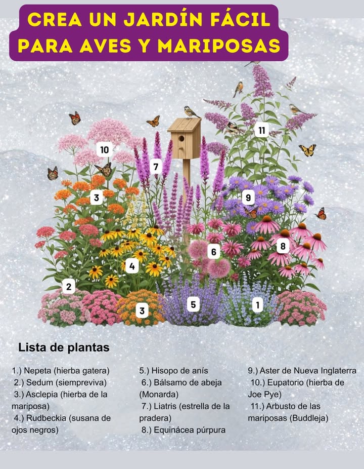 Planta estas perennes amigas de los polinizadores para atraer mariposas, abejas y aves año tras año:

Nepeta o hierba gatera Zonas 38  Muy apreciada por las abejas.

Sedum Zonas 39  Néctar de final de temporada para mariposas.

Asclepia o hierba de las mariposas Zonas 39  Planta huésped de las monarcas.

Rudbeckia o Susan de ojos negros Zonas 39  Margaritas brillantes para mariposas y aves.

Hisopo de anís Zonas 49  Sus flores encantan a las abejas.

Monarda o bálsamo de abeja Zonas 49  Favorita de los colibríes.

Liatris o estrella llameante Zonas 38  Atrae mariposas monarca.

Equinácea púrpura Zonas 39  Néctar para polinizadores y semillas para jilgueros.

Áster de Nueva Inglaterra Zonas 48  Fuente de néctar otoñal.

Eupatorio o hierba de Joe Pye Zonas 49  Rebosante de mariposas.

Arbusto de las mariposas Zonas 59  Ramilletes fragantes que atraen mariposas.

 Plántalas juntas y tendrás un santuario colorido y vibrante para la vida silvestre, con muy poco mantenimiento
#PlantasPerennes #AmigasDeLosPolinizadores  #CuidadoDelMedioAmbiente 曆