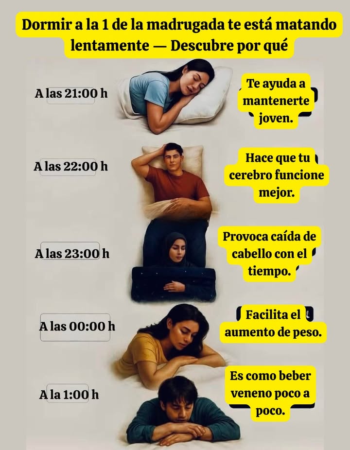 El horario del sueño influye directamente en la salud Dormir temprano favorece el equilibrio hormonal, la regeneración celular y el descanso mental. Retrasar la hora de dormir puede afectar el metabolismo, el estado de ánimo y la capacidad de concentración. Dormir a las 21:00 Favorece la regeneración y ayuda a mantener la juventud. Dormir a las 22:00 Potencia la función cerebral y mejora la memoria. Dormir a las 23:00 Puede aumentar la caída del cabello por desequilibrio hormonal. Dormir a medianoche Favorece el aumento de peso y altera el metabolismo. Dormir a la 1:00 Afecta la función celular y acelera el envejecimiento. Mantener un horario de sueño regular y acostarse antes de las 23:00 ayuda al cuerpo a recuperarse mejor y a mantener una buena salud general.