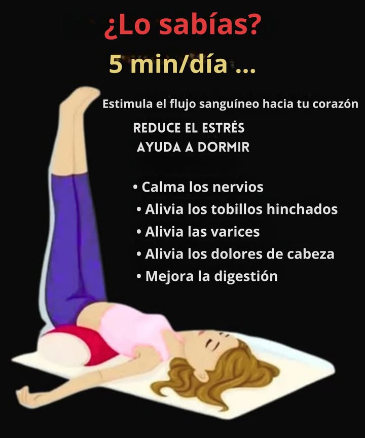 Levantarse las piernas 5 minutos al día aporta numerosos beneficios Favorece la circulación sanguínea hacia el corazón Reduce el estrés y aporta una sensación de relajación Facilita el sueño Calma el sistema nervioso Disminuye la hinchazón de los tobillos Alivia las varices y las piernas pesadas Mitiga los dolores de cabeza Ayuda a una mejor digestión
