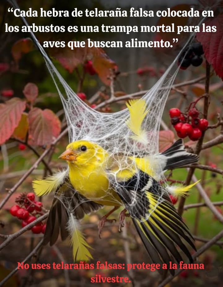 Evita las telarañas falsasprotege la vida silvestre! Esas decoraciones de telarañas atrapan aves, abejas y mariposas, provocando innumerables muertes cada otoño. Opta por decoraciones espeluznantes más seguras: Calabazas calabacines Tallos de maíz secos Linternas de papel Coronitas naturales con hojas de otoño Mantén viva la magia sin dañar a las criaturas del jardín. #WildlifeFriendly #AmigableConLaVidaSilvestre #EcoHalloween #HalloweenEcológico