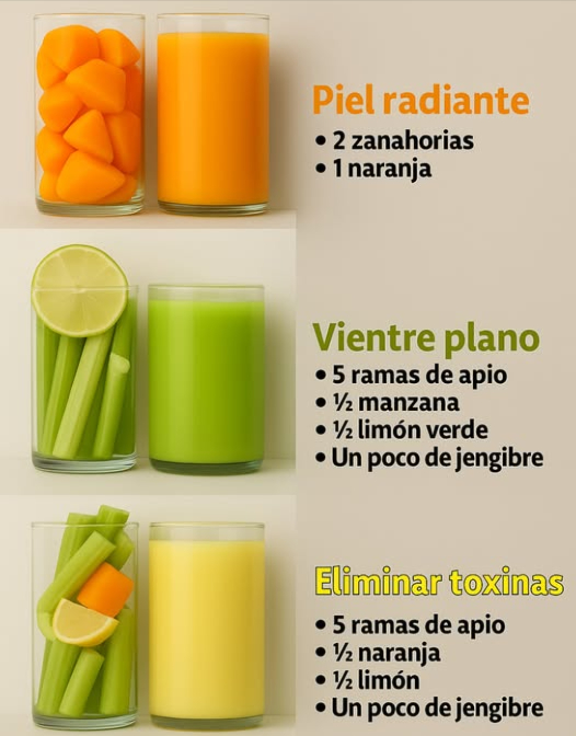 Jugos Naturales para Cuidar tu Cuerpo desde Adentro 凌 Piel radiante: combina 2 zanahorias y 1 naranja para aportar betacarotenos y vitamina C, que ayudan a mantener la piel luminosa y saludable. Vientre plano: mezcla 5 ramas de apio, manzana, limón verde y un poco de jengibre para favorecer la digestión y reducir la hinchazón. Eliminar toxinas: une 5 ramas de apio, naranja, limón y un poco de jengibre para depurar el organismo y fortalecer el sistema inmunológico. Una forma simple, natural y deliciosa de sentirte bien cada día. 磻