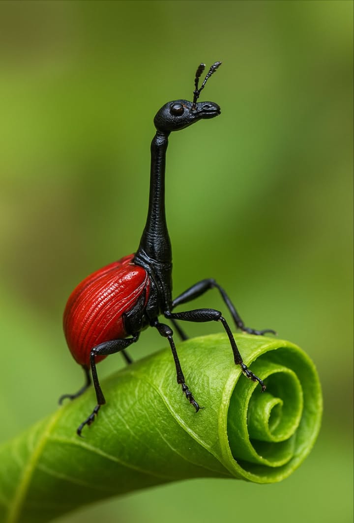 ÉL SE PARECE A UNA JIRAFA. ÉL PELEA COMO UN GUERRERO. ÉL CONSTRUYE COMO UN PADRE. Conoce al Escarabajo Jirafa un insecto tan extraño que parece que la naturaleza hizo una broma y olvidó presionar deshacer. Endémico de Madagascar, este insecto tiene un cuello que puede ser de dos a tres veces más largo que su cuerpo al menos si eres un macho. Pero no te dejes engañar. No es un defecto de diseño. Es una herramienta de batalla. Cuando los rivales se encuentran, no rugen. Luchan en cámara lenta, al estilo insecto. Bloqueos de cuello. Empujones. Volteretas. El victorioso gana el derecho a aparearse. Pero aquí está el giro: esa misma arma de guerra se convierte en una herramienta de cuidado. Los machos utilizan sus largos cuellos para ayudar a las hembras a enrollar hojas en pequeños viveros verdes cunas protectoras para sus huevos. Es construcción. Es cooperación. Es instinto convertido en arte. Con cuerpos rojo fuego y cuellos negro obsidiana, los escarabajos jirafa parecen insectos diseñados por un creador de ciencia ficción con debilidad por los dinosaurios. Apenas del tamaño de un clip Pero armados con arquitectura, romance y combate ritual en su ADN. Prueba de que en el mundo de los insectos, la evolución no desperdicia nada. Incluso un cuello ridículo puede ser la clave para el amor, el legado y la vida. #GiraffeWeevil #GiraffeWeevil #NatureIsWeird #LaNaturalezaEsRara #Wildlife #VidaSilvestre
