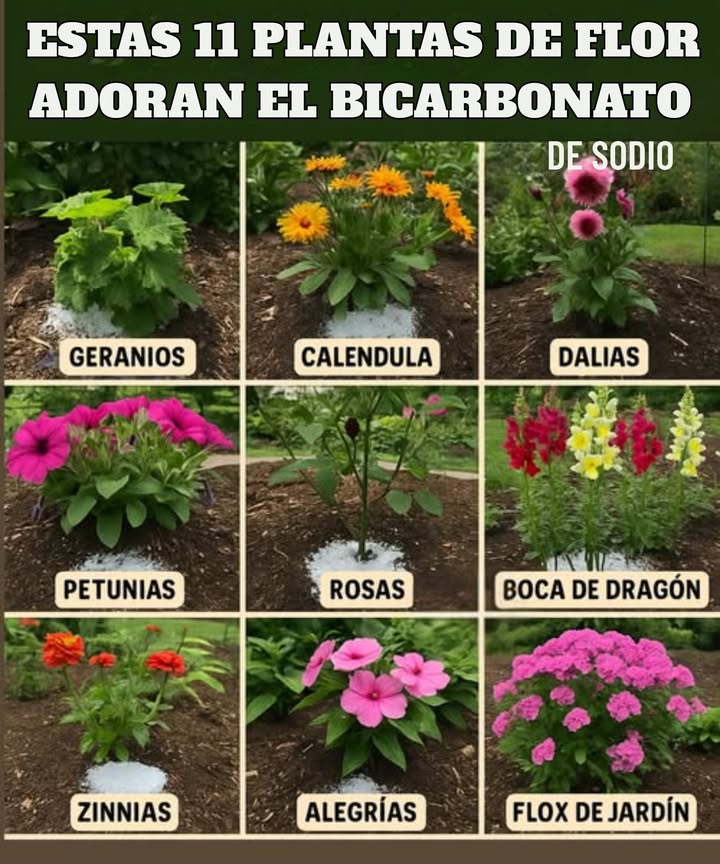 9 Plantas de Flor que Adoran el Bicarbonato de Sodio 
El bicarbonato de sodio es un recurso sencillo que puede favorecer la salud y el vigor de muchas plantas ornamentales. Ayuda a equilibrar el pH del suelo y a mantener un ambiente más saludable para sus raíces.
Entre las especies que mejor responden destacan:
1 Geranios
2 Caléndula
3 Dalias
4 Petunias
5 Rosas
6 Boca de dragón
7 Zinnias
8 Alegrías Impatiens
9 Flox de jardín