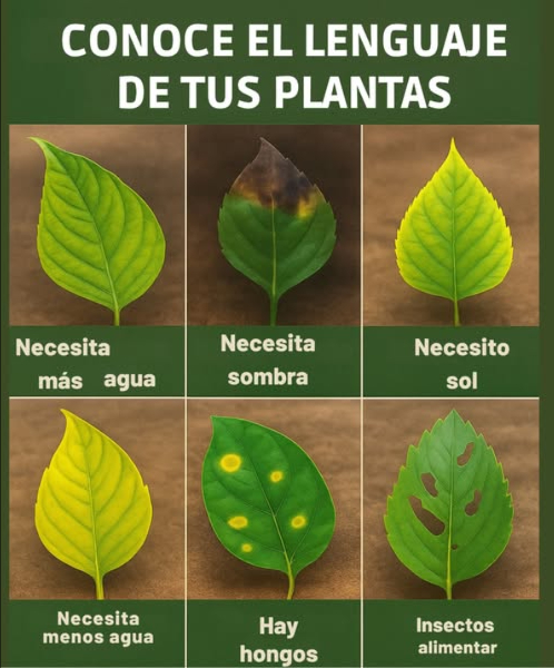 Conoce el Lenguaje de tus Plantas   
 Necesitan Más Agua  
Señales: Las hojas parecen marchitas, flácidas o descoloridas.  
Solución: Aumenta la frecuencia de riego. Revisa la humedad del suelo regularmente.  
 Necesitan Sombra  
Señales: Las puntas de las hojas están chamuscadas o quemadas, generalmente volviéndose marrones o negras.  
Solución: Mueve la planta a un lugar con luz indirecta o proporciona una tela de sombra.  
 Necesitan Sol  
Señales: Hojas pálidas, de color verde amarillento que carecen de vitalidad.  
Solución: Coloca tu planta en un lugar más brillante con más luz solar directa o filtrada.  
 Necesitan Menos Agua  
Señales: Hojas amarillentas, a menudo comenzando por las puntas o la base.  
Solución: Deja que el suelo se seque entre riegos y asegura un buen drenaje.  
 Hay Hongos  
Señales: Manchas circulares amarillas o marrones en las hojas.  
Solución: Poda las áreas afectadas, mejora la circulación del aire y evita mojar las hojas.  
 Insectos se Alimentan  
Señales: Huecos o secciones mordidas en las hojas.  
Solución: Inspecciona en busca de plagas como orugas o escarabajos y utiliza repelentes naturales o jabón insecticida.  
 Consejo Pro:  
Las hojas saludables son vibrantes, de color uniforme y libres de manchas o daños. Un chequeo regular con tus plantas puede prevenir que pequeños problemas se conviertan en grandes problemas.