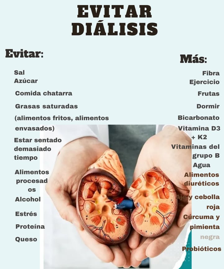EVITAR DIÁLISIS

Evitar:
Sal
Azúcar
Comida chatarra
Grasas saturadas fritos, envasados
Estar sentado mucho tiempo
Alimentos procesados
Alcohol
Estrés
Exceso de proteína
Queso

Más:
Fibra
Ejercicio
Frutas
Dormir bien
Bicarbonato
Vitamina D3  K2
Vitaminas del grupo B
Agua
Alimentos diuréticos
Ajo y cebolla roja
Cúrcuma y pimienta negra
Probióticos