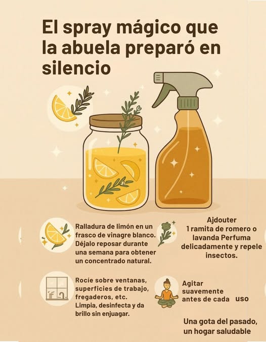 林 El spray mágico que preparaba la abuela en silencio 
Una receta casera, natural y eficaz para limpiar y perfumar tu hogar sin químicos agresivos.
 Ingredientes y preparación:
 Coloca cáscaras de limón en un frasco con vinagre blanco
 Deja reposar durante 1 semana para obtener un concentrado natural
 Agrega una ramita de romero o lavanda
 Aporta un aroma delicado y ayuda a repeler insectos
 Vierte la mezcla en un pulverizador
犯 Úsalo en vidrios, encimeras y fregaderos
 Limpia, desinfecta y deja brillo sin necesidad de enjuagar
 Agita suavemente antes de cada uso
 Una gota de tradición para un hogar saludable