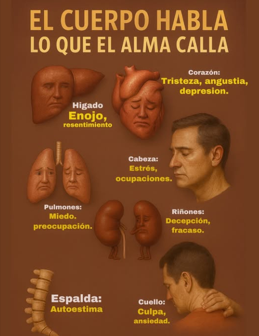 易 El cuerpo habla lo que el alma calla:
Alguna vez te has preguntado por qué te duele el cuello sin razón aparente? Por qué tu espalda se tensa aunque no hayas hecho esfuerzo físico? Nuestro cuerpo es más sabio de lo que creemos. Cada órgano, cada músculo, cada dolor puede ser un mensaje emocional que aún no hemos escuchado.
La medicina ancestral y la psicología moderna coinciden en algo esencial: las emociones no expresadas se alojan en el cuerpo. Y cuando no las atendemos, se manifiestan como malestar físico.
 Aquí algunas conexiones reveladoras:
– El hígado guarda el enojo, el coraje reprimido y el resentimiento.
– El corazón sufre con la tristeza profunda, la angustia y la depresión.
– Los pulmones se tensan con el miedo y la preocupación excesiva.
– La cabeza se sobrecarga con el estrés y las responsabilidades que no delegamos.
– Los riñones reflejan la decepción, el fracaso y la ira contenida.
– La espalda y los huesos se debilitan cuando falta amor propio y autoestima.
– El bazo se entristece con la melancolía y la preocupación constante.
– El cuello se endurece con la culpa, la ansiedad y la autoexigencia.
 Dime qué te duele y te diré qué emoción necesitas liberar.
Este mapa emocional no busca reemplazar la medicina, sino complementarla. Nos invita a mirar hacia adentro, a preguntarnos qué sentimos, qué callamos, qué necesitamos sanar.
Porque cuando escuchamos al cuerpo con compasión, también empezamos a sanar el alma.