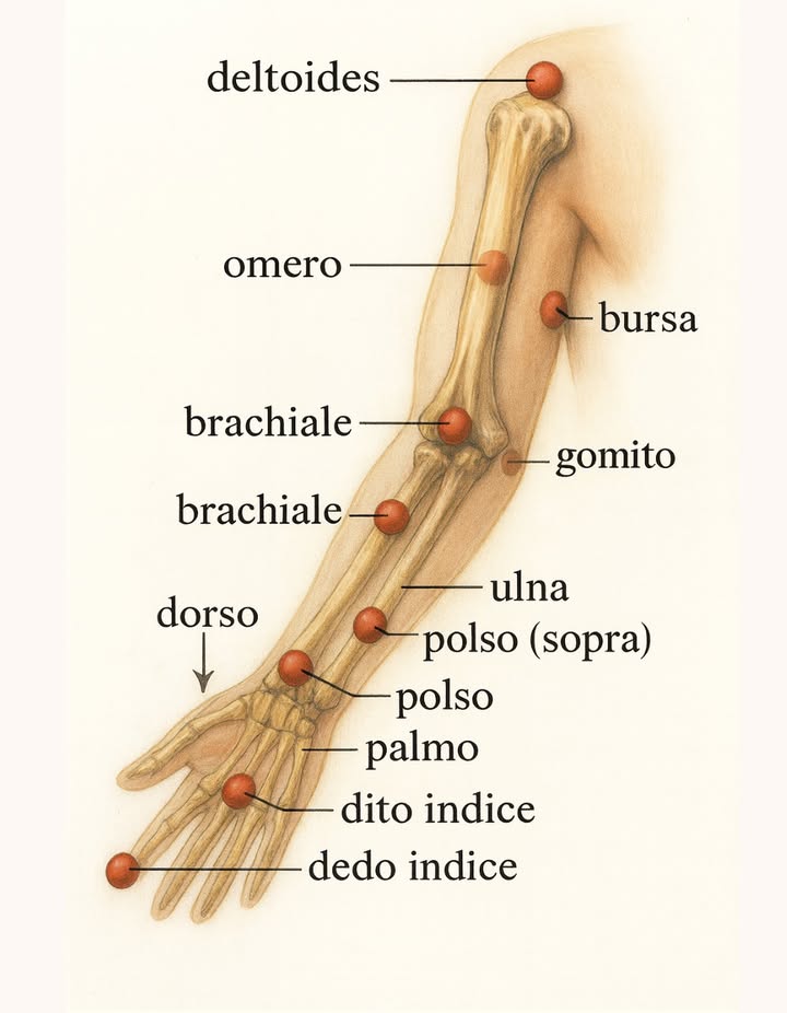 Mapa de puntos en el brazo y antebrazo

La imagen muestra un esquema de puntos clave en el brazo y la mano, que se utilizan como referencias tanto en anatomía como en terapias manuales, acupuntura y acupresión.

 Puntos principales identificados

Deltoides

Músculo principal del hombro, relacionado con fuerza y movilidad del brazo.

Húmero

Hueso largo del brazo, importante para el sostén y el movimiento.

Bursa

Bolsa sinovial que evita fricción en las articulaciones.

Braquial

Músculo que contribuye a la flexión del codo.

Codo

Articulación clave para la movilidad del brazo.

Radio y cúbito

Huesos del antebrazo, permiten la rotación y movimientos finos.

Muñeca arriba y base

Punto de articulación que conecta el antebrazo con la mano.

Dorso de la mano

Área donde pasan tendones extensores.

Palma

Zona de gran sensibilidad, vinculada con terminaciones nerviosas y puntos reflejos.

Dedo índice

Representa fuerza de agarre y coordinación fina.

 Usos terapéuticos y energéticos

 Acupuntura y acupresión: algunos de estos puntos coinciden con meridianos Intestino Grueso, Corazón, Pericardio.
 Terapia física: liberación de tensión en hombro, codo y muñeca.
 Reflexología de la mano: la palma y los dedos reflejan órganos internos.
 Rehabilitación: puntos clave para recuperar movilidad tras lesiones.

 Consejo práctico: Un automasaje recorriendo desde el deltoides hasta la palma ayuda a liberar tensión, mejorar la circulación y relajar los nervios del brazo y la mano.