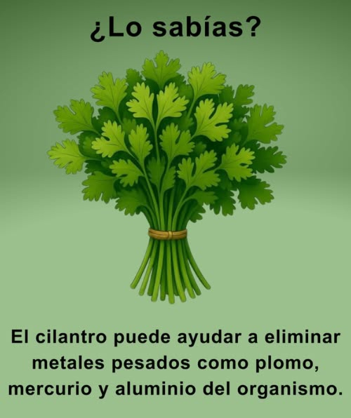 Propiedades del cilantro 
 Ayuda a eliminar metales pesados como plomo, mercurio y aluminio
 Favorece la desintoxicación natural del organismo
 Aporta antioxidantes que protegen las células
 Contribuye al bienestar digestivo y general
Un aliado verde para la salud y la limpieza interna.